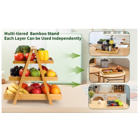 3-Tier Bamboo Fruit Basket - Veggie & Fruit Stand w/ Removable Serving Trays - Picture 9 of 9